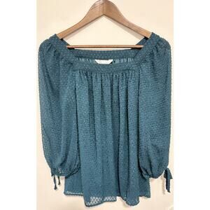 LC Lauren Conrad Teal Swiss Dot Blouse Small Puff Sleeve Tie Cuff Peasant Top